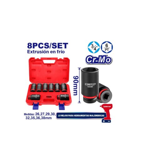 EMSSD34082L - SET 8 COPAS MILIMETRICAS DE IMPACTO DE PROFUNDIDAD, RAIZ 3/4 DE PULGADA