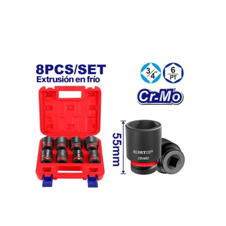 EMSSD34081 - SET 8 COPAS DE IMPACTO, RAIZ 3/4 PULG. MILIMETRICAS.
