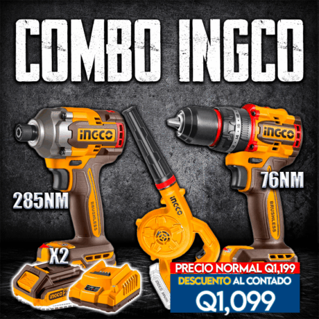 UCOSLI250182 - KIT INALAMBRICO 3 PZS DE BARRENO DE IMPACTO  1/2" 76NM, ATORNILLADOR DE IMPACTO 285Nm,  SOPLADORA INGCO 20V BRUSHLESS.