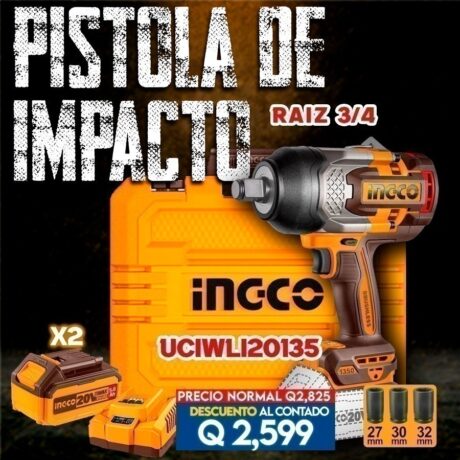 UCIWLI20135 - PISTOLA DE IMPACTO INGCO DE 1350NM RAIZ 3/4“ DE 20V