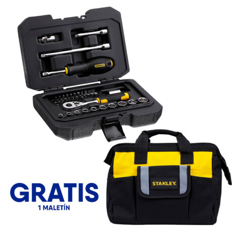 [STMT82828-OF] - JUEGO DE 38 PIEZAS, RAIZ DE 1/4 PULGADA, COPAS 6 PUNTOS, MILIMETRICAS CON MALETA PLASTICA. GRATIS MALETIN. STANLEY